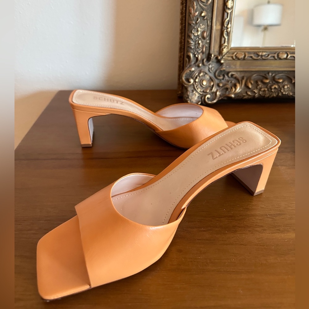 Schutz Orange Slides with shirt block heel